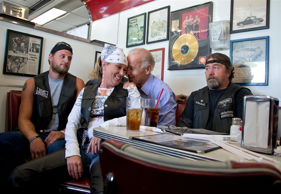 biden-bikers Vice President Joe Biden talks to customers during a stop at Cruisers Diner, Sept. 9, in Seaman, Ohio.